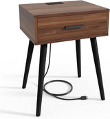 Mid Century End Table with Charging Station, Modern One Drawer Nightstand Side Table