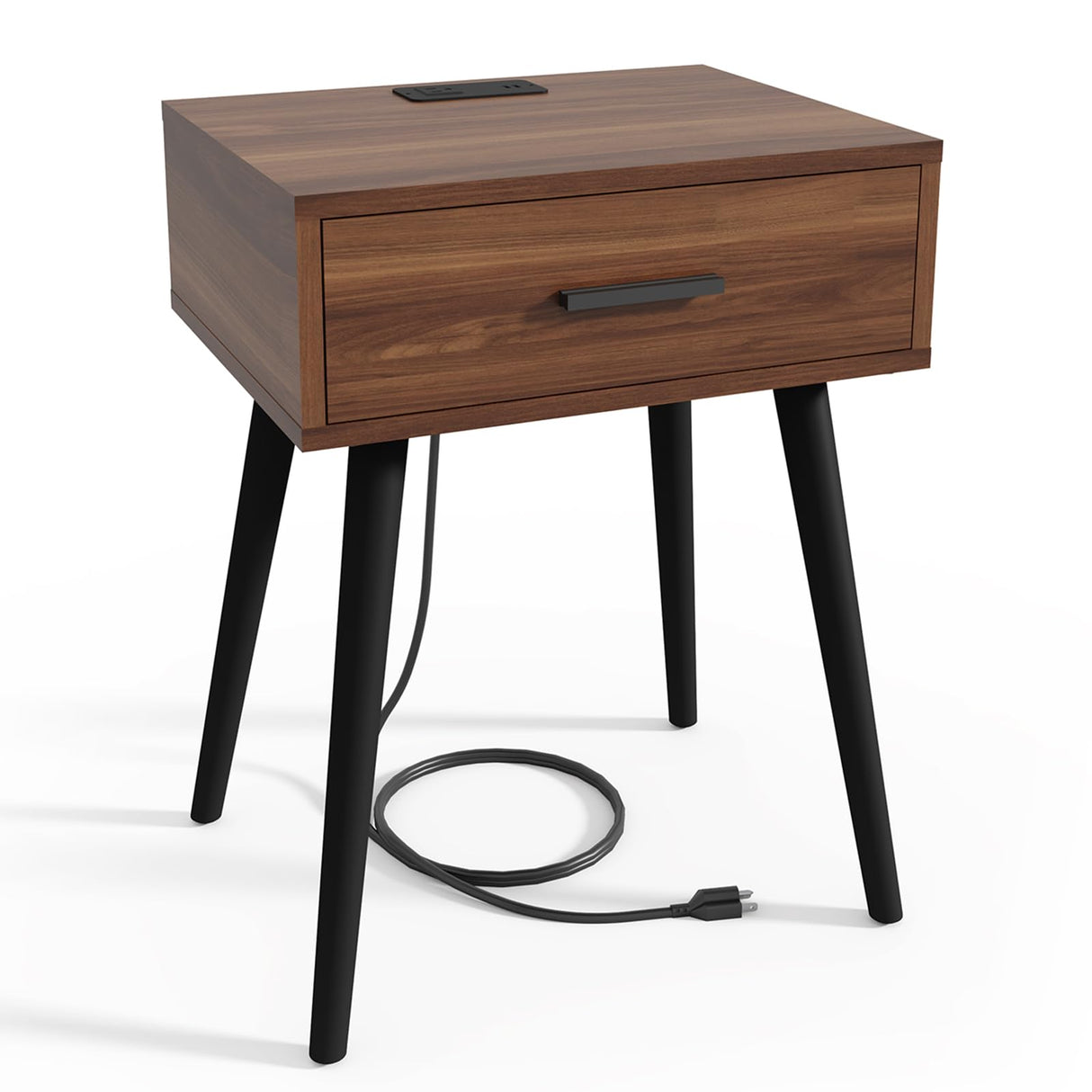 Mid Century End Table with Charging Station, Modern One Drawer Nightstand Side Table