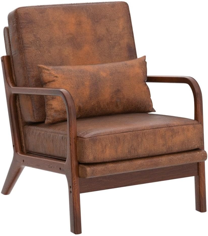 Modern Accent Chair Set of 2 Living Room- Comfy Solid Wood Arm Chair with Lumber Pillow Lounge Decorative Brown Leather Office Side Chair Bedroom Reading Nook Sillas De Sala Microfiber