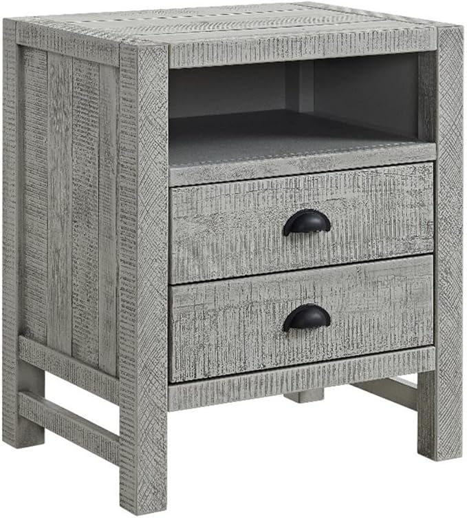 Arden 2-Drawer Nightstand, Solid Pine Wood, Driftwood White Finish, Rustic Design