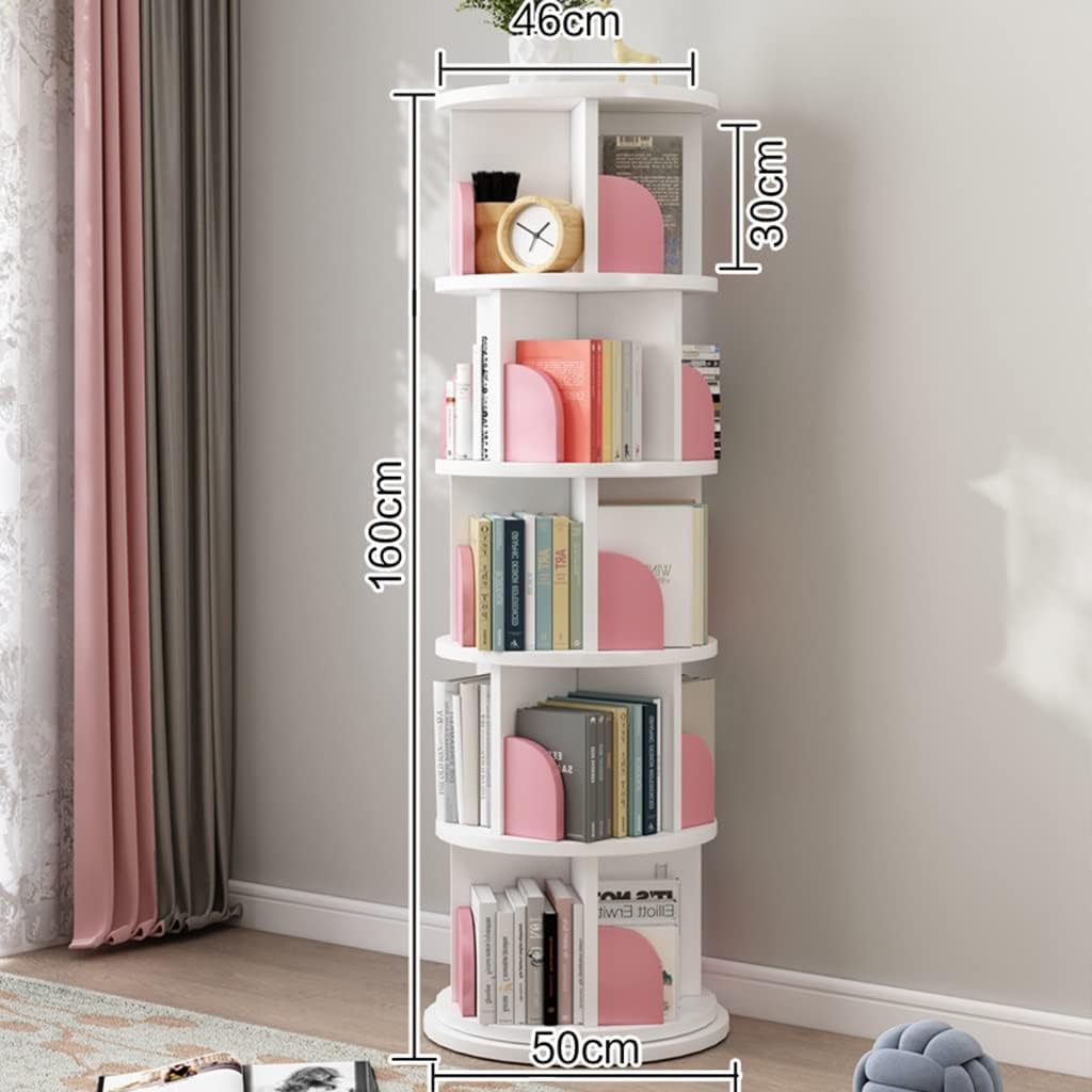 360° Rotating Bookshelf, 5 Tier Floor-to-Ceiling Bookcase, Picture Book Rack for Children, Stimulate Kid's Reading Interest (Color : Wit and Pink, Size : 50.5 * 160cm)