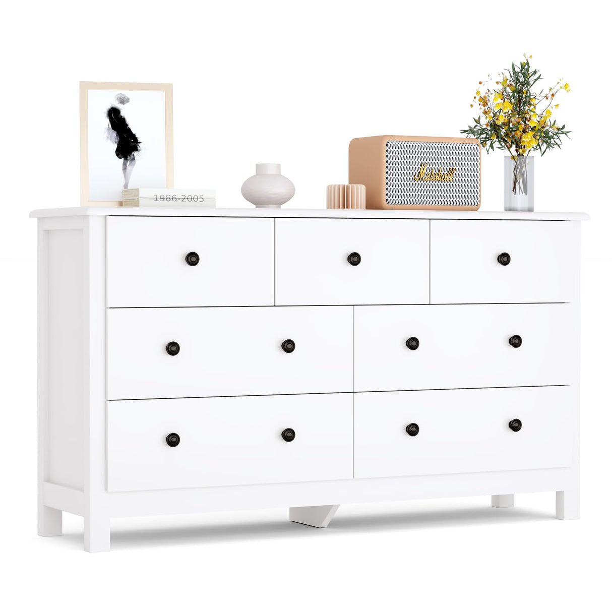 White Dresser for Bedroom, 7 Drawer Dresser & Chest of Drawer with Black Handle