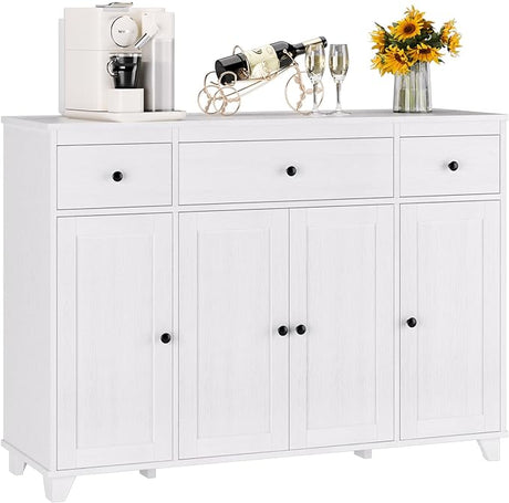 Buffet Cabinet White Sideboard Storage Cabinet with 3 Drawers & 4 Doors Adjustable Shelves