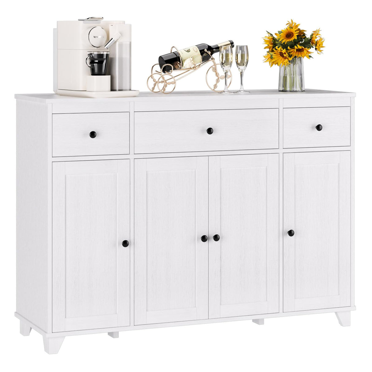 Buffet Cabinet White Sideboard Storage Cabinet with 3 Drawers & 4 Doors Adjustable Shelves