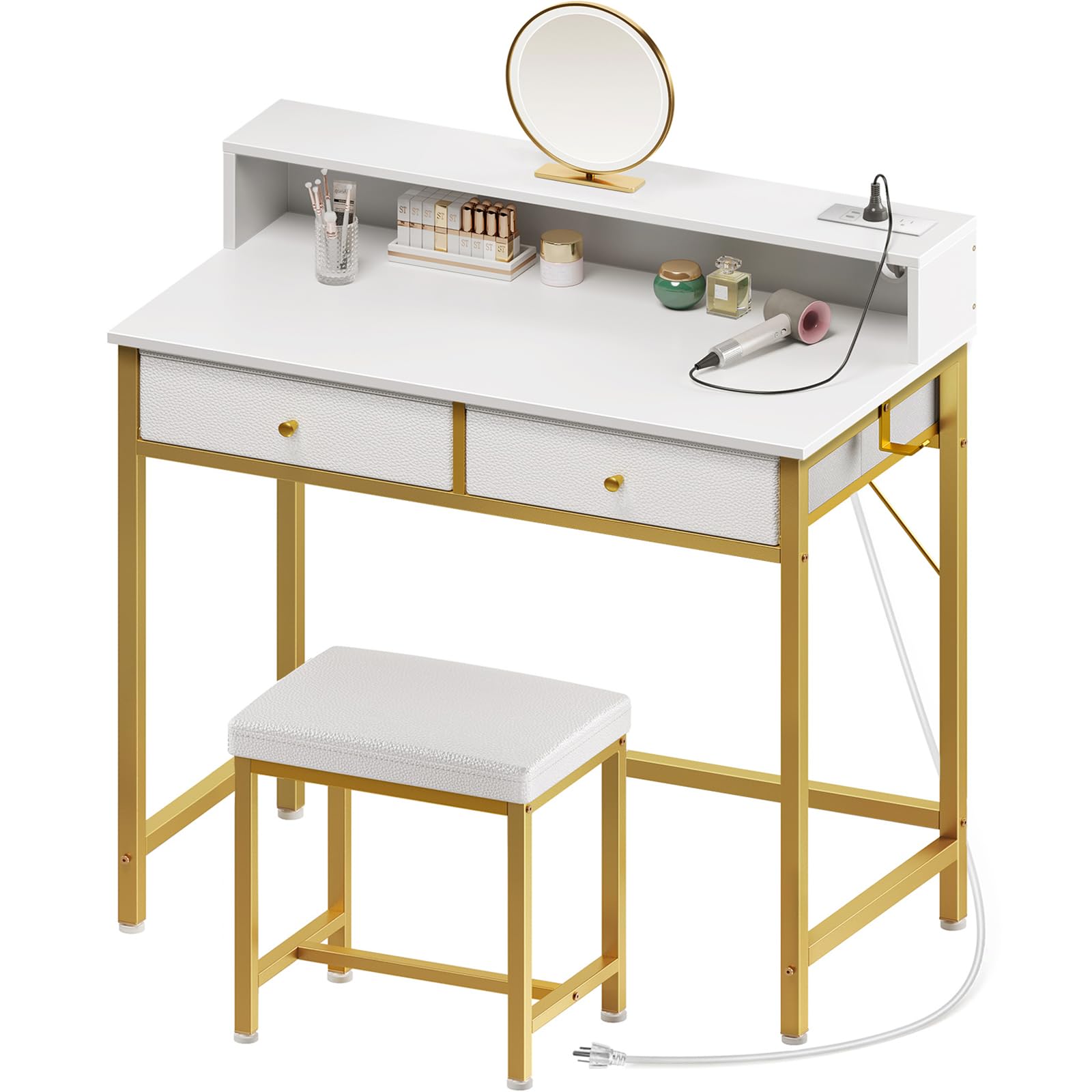 Vanity Desk Without Mirror, Makeup Vanity with Drawers and Charging Station