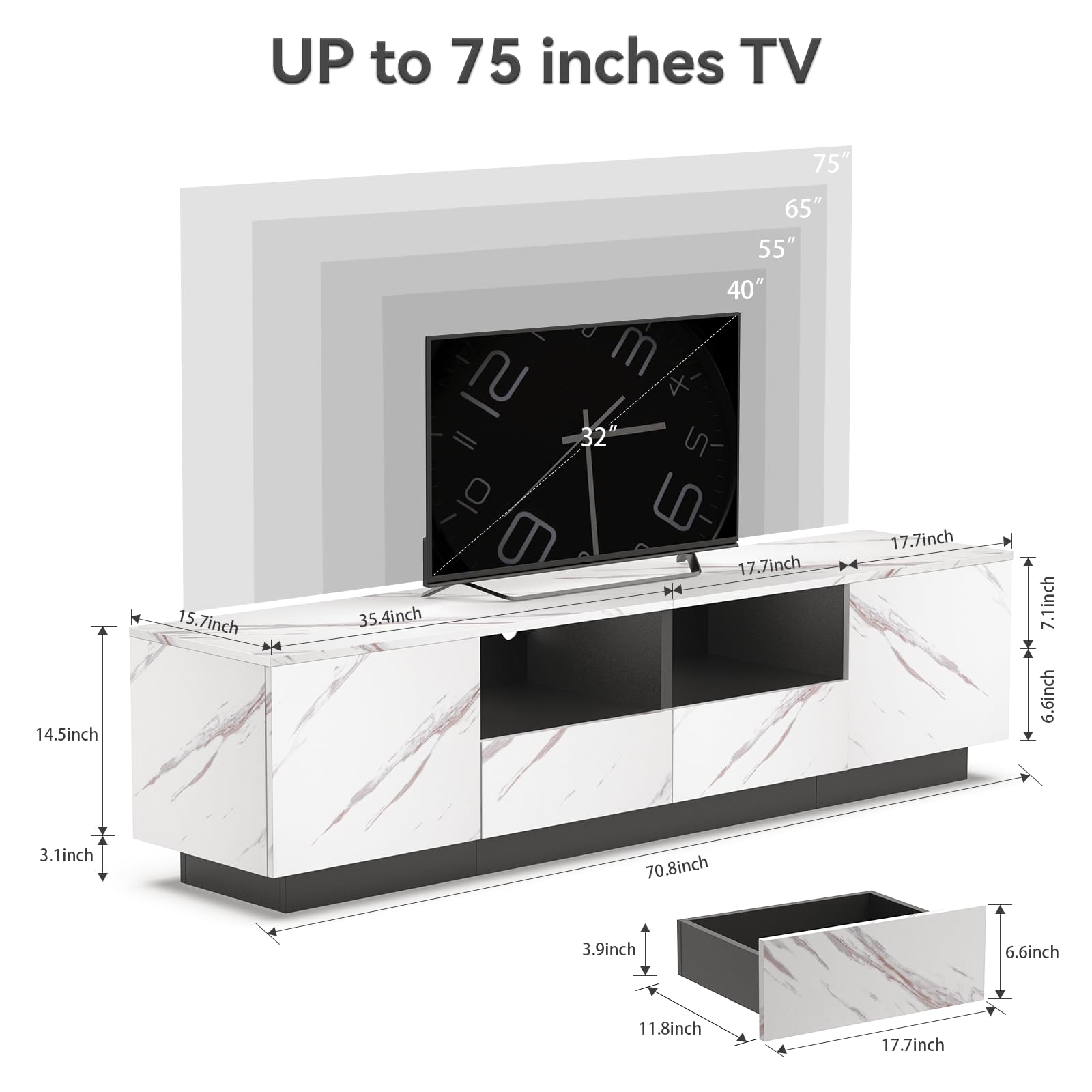 71" TV Stand for 55/65/70/75 inch TV, White Marble High Gloss Modern LED Entertainmen