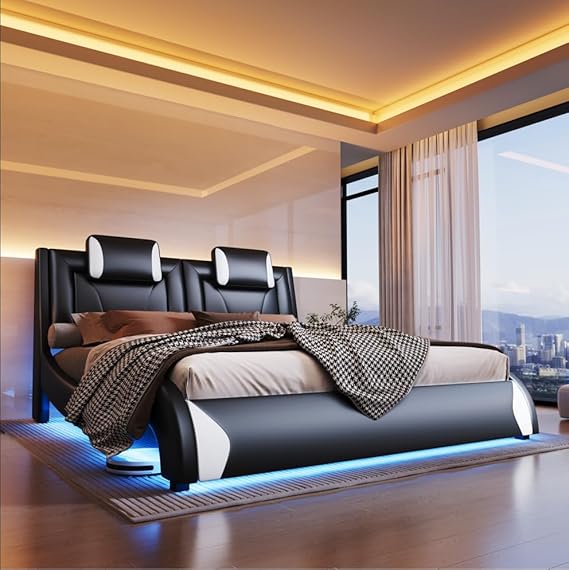LED Full Size Bed Frame with Faux Leather Headboard