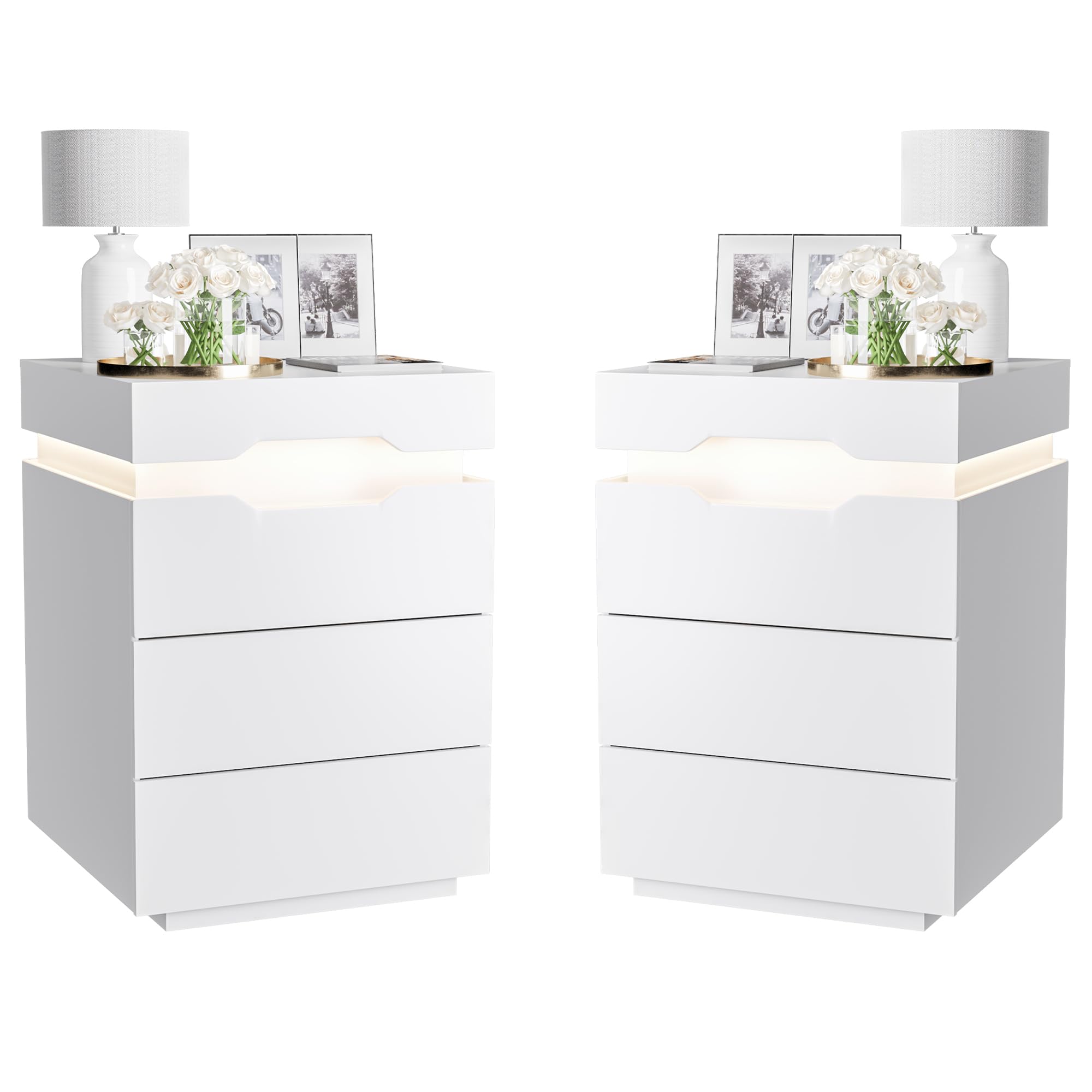 Nightstand with LED Light and Charging Station, Endtable with 3 Drawers