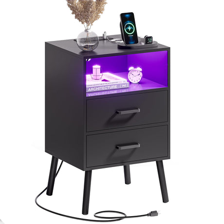 Nightstand with Charging Station and LED Lights, Night Stand with Drawers and Open