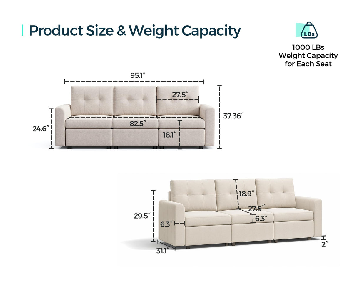 Rubik III 3 Seats Fabric Sofa Set, Deep Seat Modular Sectional Sofa