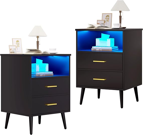 LED Night Stand with Charging Station, 3 Colors Dimmable Lights, Bedroom Modern