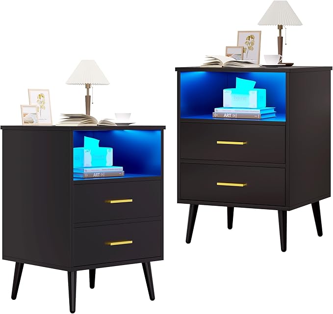 Mid Century LED Nightstand, 3 Colors Dimmable Light, Bedroom Wood Night Stand with Charging Station