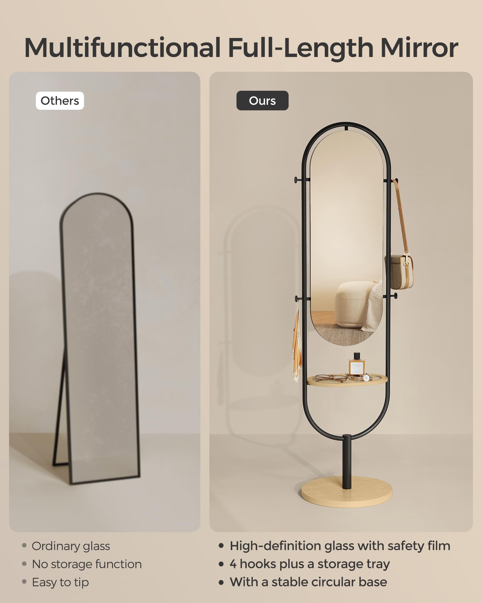 Full-Length Floor Mirror - 3-in-1 Modern Standing Design