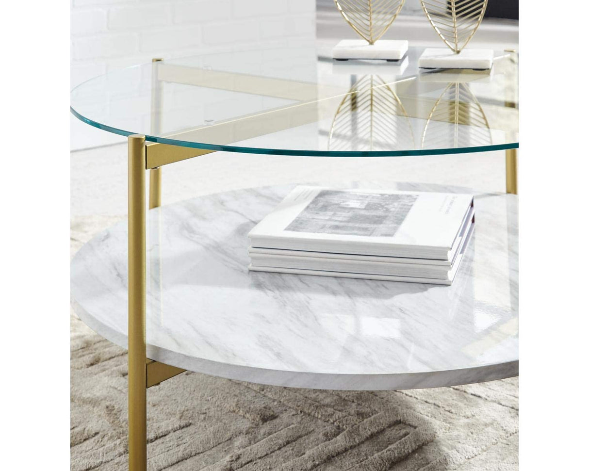 Wynora Contemporary Round Coffee Table with Glass & Faux Marble, White & Gold