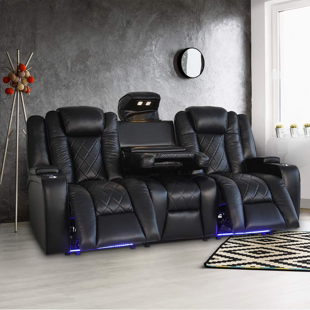 Theater Seating | 11000 Top Grain Black Leather, Power Recliner, with Drop Down Center Console (Row of 3)