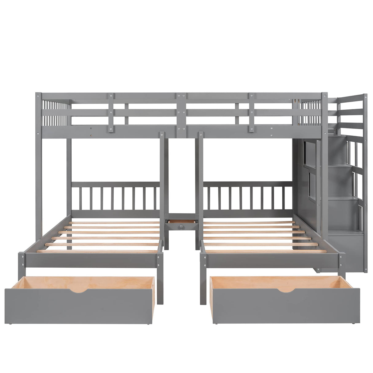 Bed with Stairs and Storage Drawers Full Over Twin & Twin 3 Bunk Beds for Kids Wooden