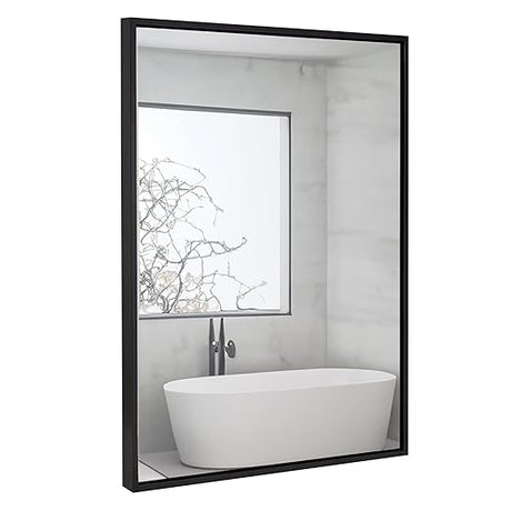 30x40-Inch Black Framed Mirror - Stylish Rectangular Bathroom Mirror with Floating Glass Panel Vanity Border