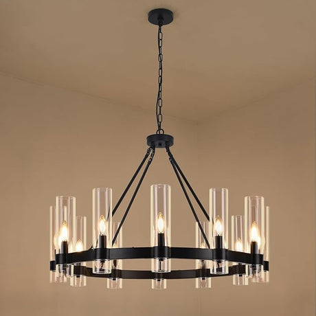 36 Inch Black Wagon Wheel Chandelier with Glass Shade