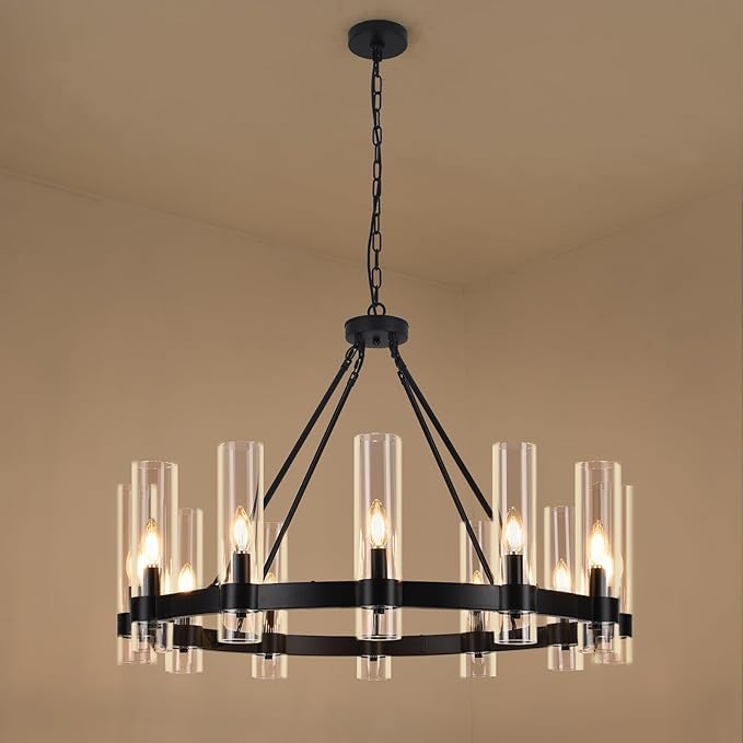 36 Inch Black Wagon Wheel Chandelier with Glass Shade