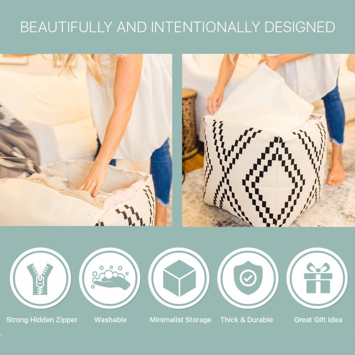 Unstuffed Boho Pouf Ottoman Cover – Modern Bohemian Living Room Decor