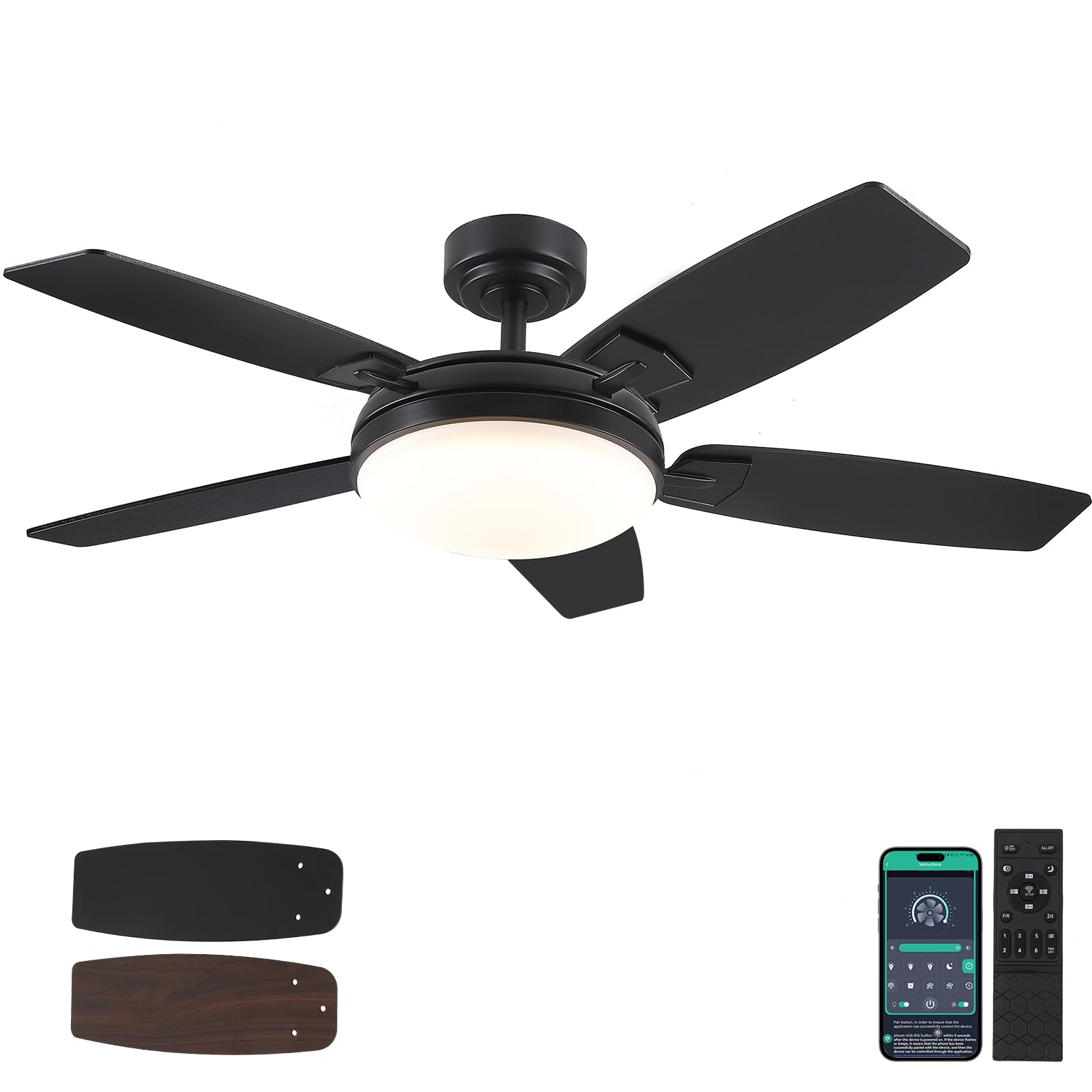 52 Inch Ceiling Fans with Lights and Remote,Black Outdoor Ceiling Fans