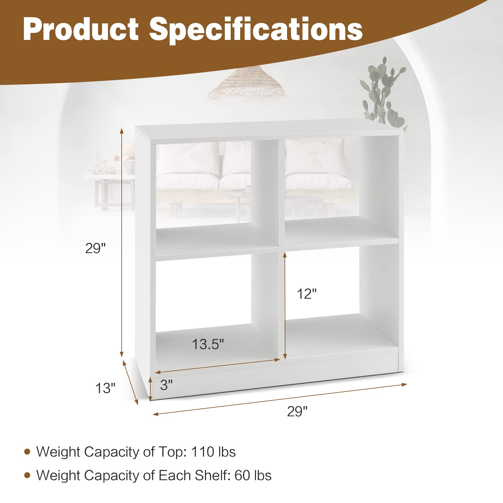 4-Cube Bookcase White - 2-Tier Freestanding Open Bookshelf