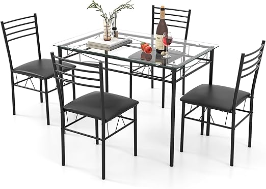 5-Piece Glass Dining Table Set with 4 Chairs