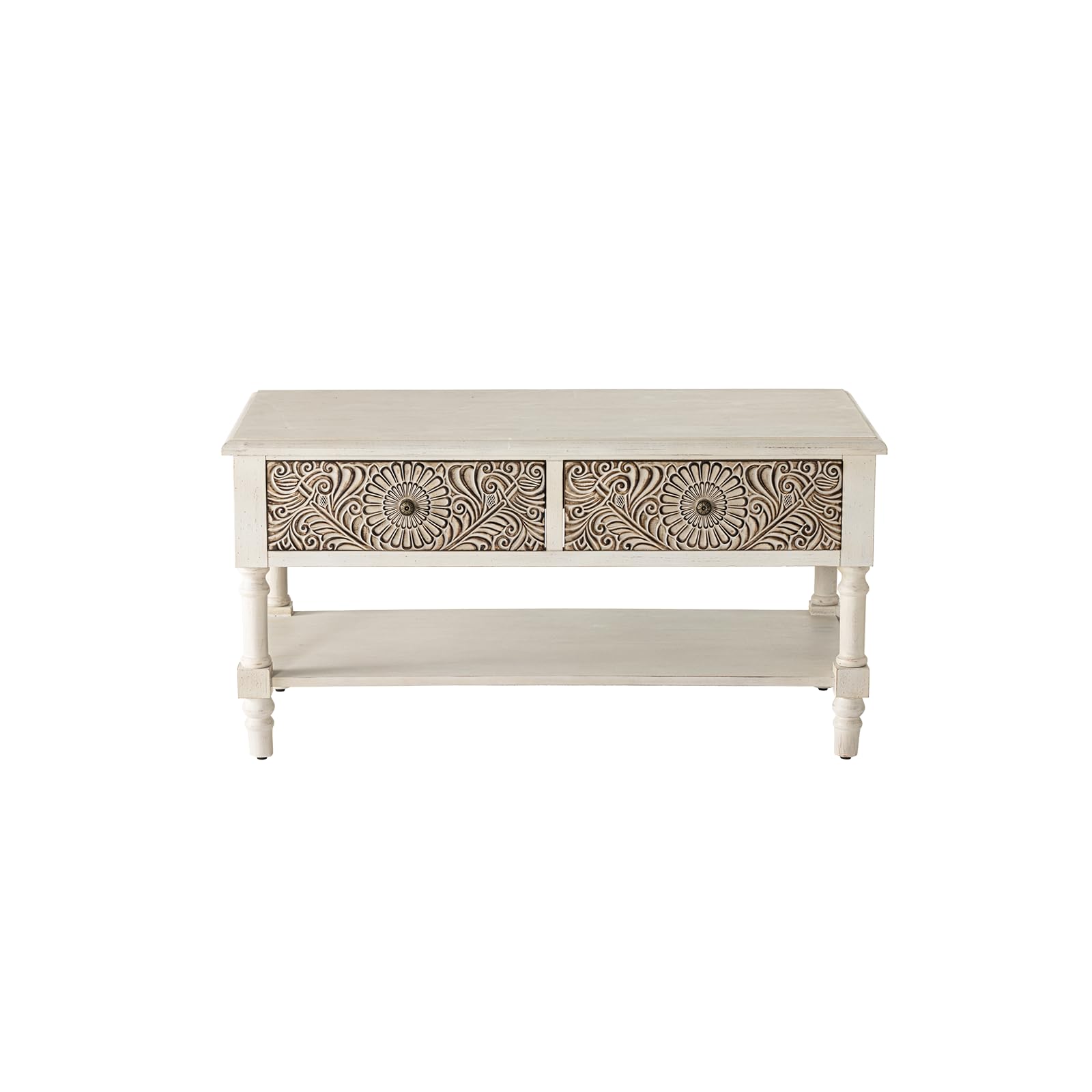 Vintage Coffee Table w Drawers, Farmhouse 2 Tier Small Wood Coffee Table with Solid Wood Legs,