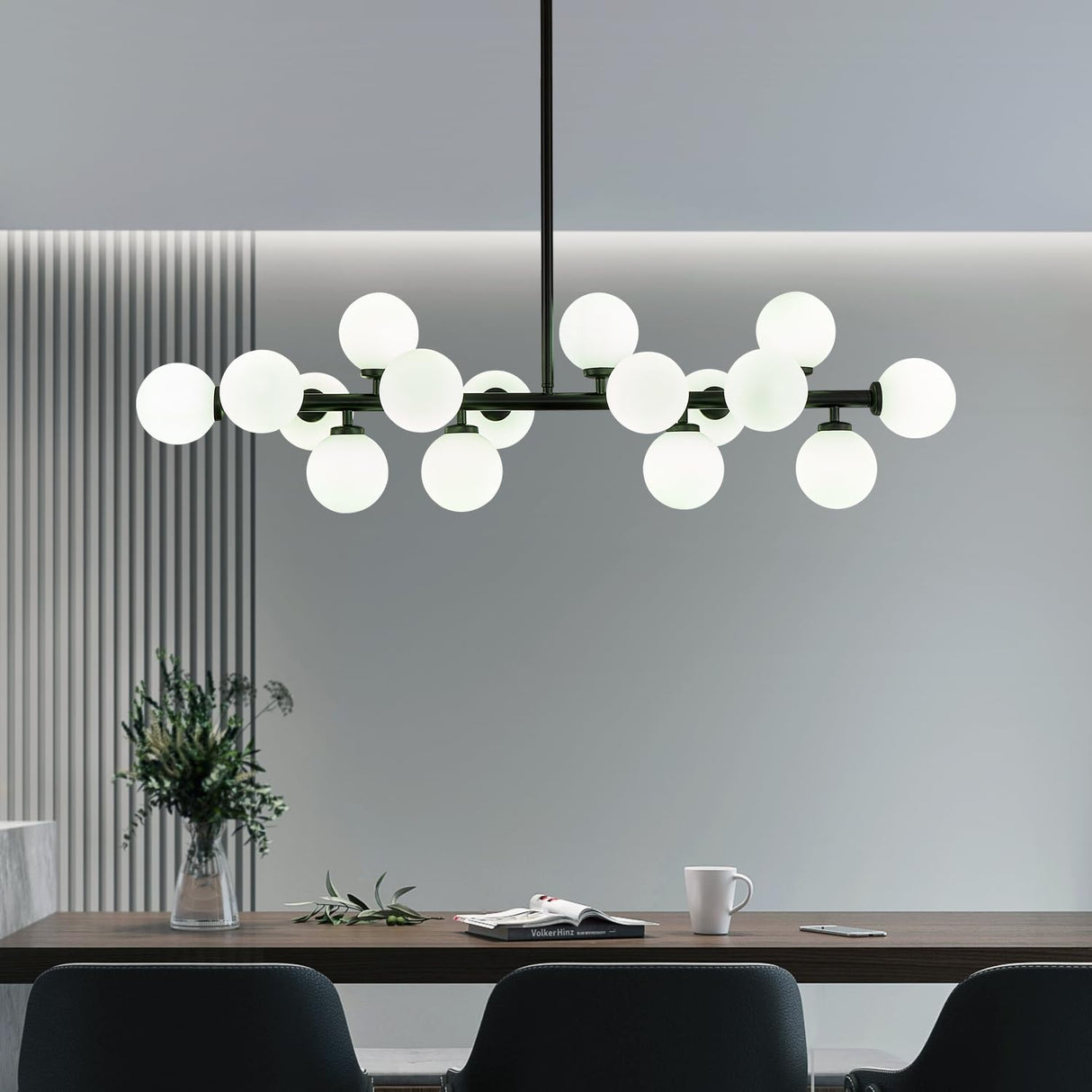 Modern Linear Chandelier Black Hanging Pendant Light with Milky White Glass Globe Lampshade Mid Century Sputnik Pendant Light Fixture for Kitchen Island Dining Room 16 Lights