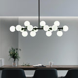 Modern Linear Chandelier Black Hanging Pendant Light with Milky White Glass Globe Lampshade Mid Century Sputnik Pendant Light Fixture for Kitchen Island Dining Room 16 Lights