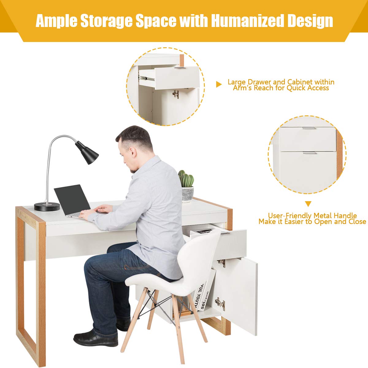 White Desk with Drawer & Cabinet, Wooden Home Office Desk
