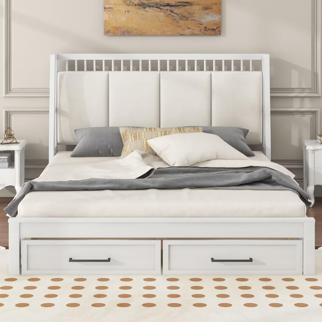 JIJIWANG Queen Size Wood Platform Bed with Upholstered Headboard and 2 Drawers, Antique White