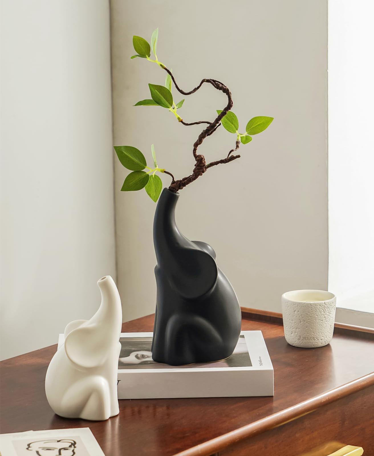 Loving Pair of Elephants,with Flower,Modern Ceramic Decor Statue,Good Luck Elephant