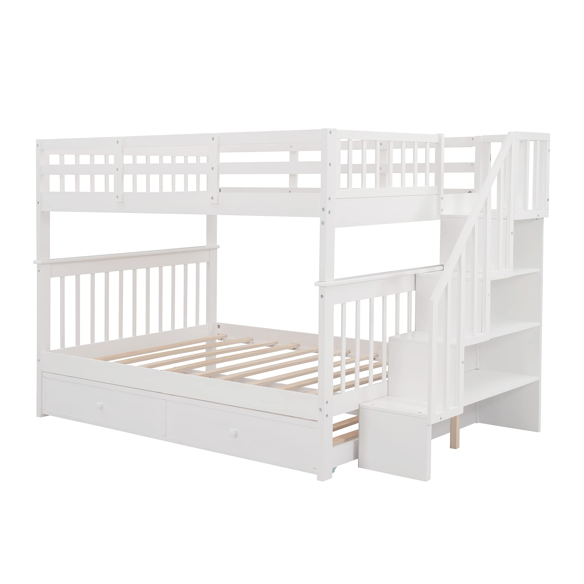 Full Stairway Bunk Bed with Twin Trundle and Storage,Solid Wood Storage Bunk Bed