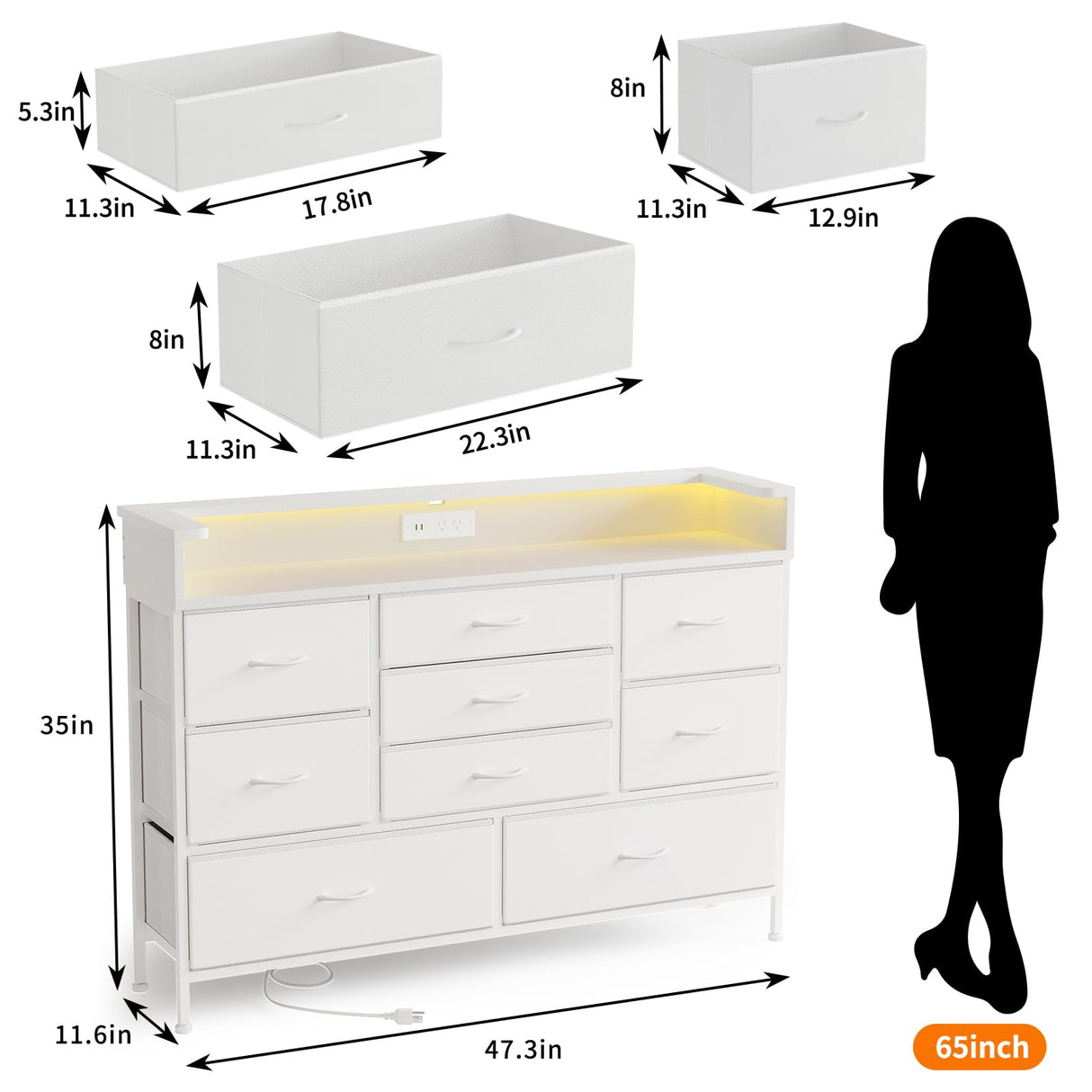 White LED Dresser for Bedroom, Dresser with 9 Drawers and Charging Station, Fabric