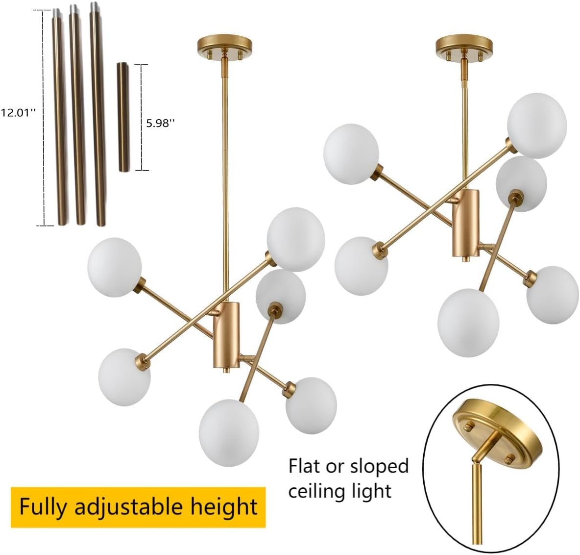 6 Lights Modern Glass Globe Chandelier Mid Century Brass Branches Milky White Ball