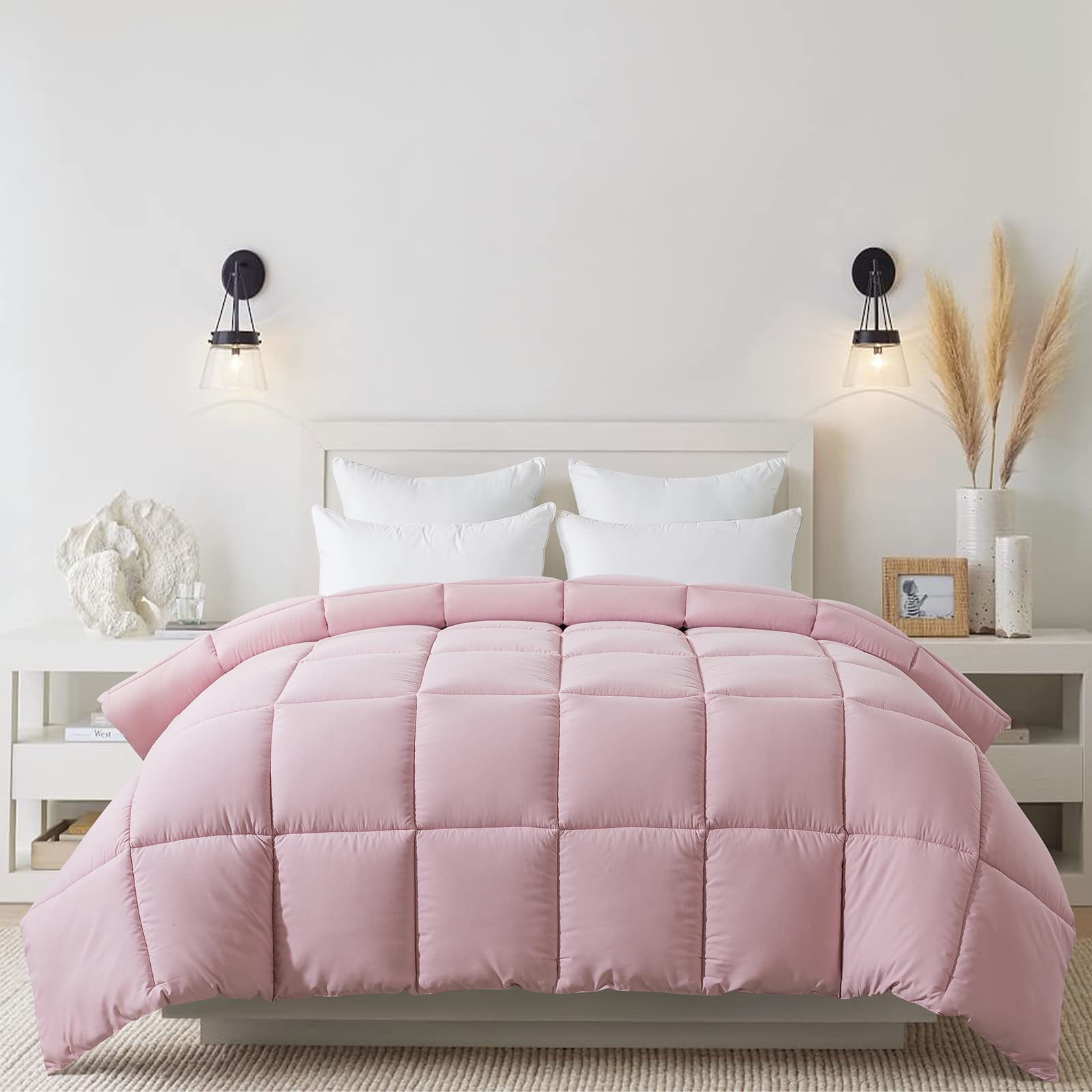 Down Alternative Comforter (Pink/Light Grey, Full) - All Season Soft Quilted Full Size Bed Comforter - Duvet Insert