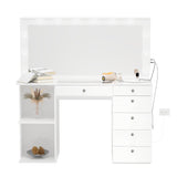 White Makeup Vanity Desk with Hollywood Mirror & Lights, Aine, 6 Drawers, 2 Shelves, USB-C/USB Outlet, Glam Glass Top