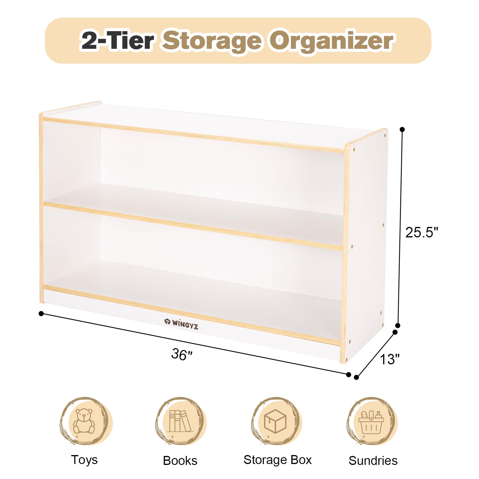 wingyz Kids Toy Storage Organizer, 2-Tier Wooden Storage Cabinet, Spacious Montessori Kids Bookshelf, Toy Shelf Storage Organizer for Playroom Classroom Nursery Study Living Room (White)