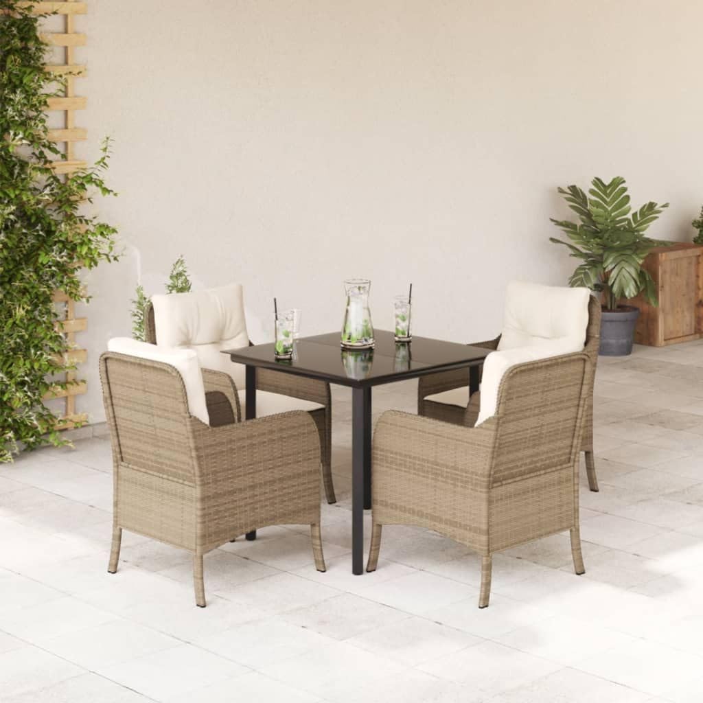 Outdoor Dining - 5 Piece Patio Dining Set with Cushions, Durable Rattan, Beige Color
