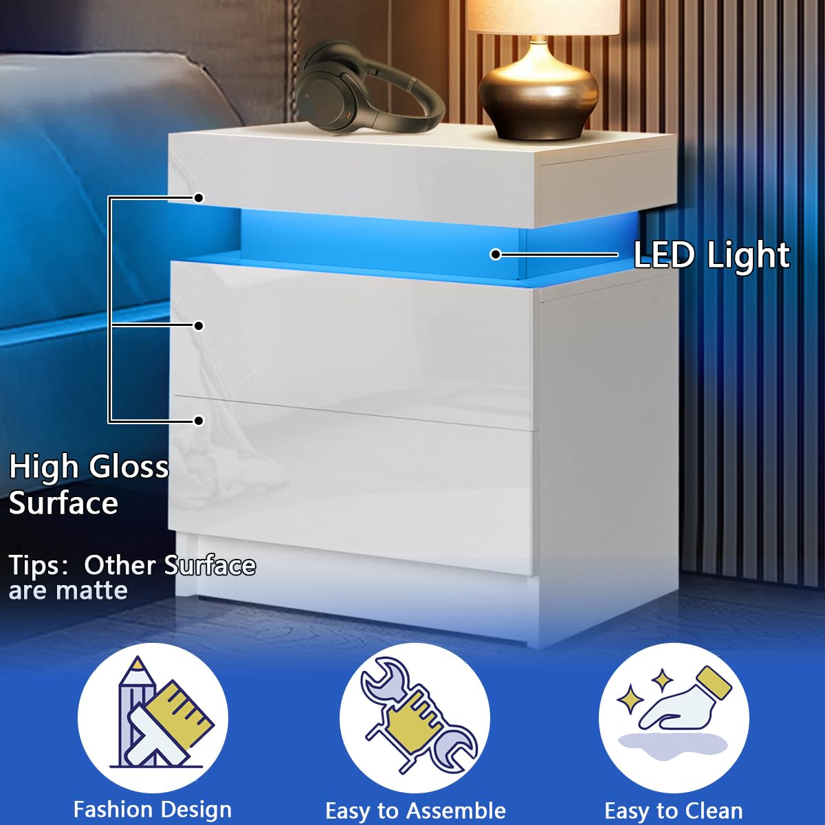 HOMMPA LED Nightstand White Nightstand with Led Lights Modern Night Stand with 2 High Gloss Drawers Led Bedside Table Smart Nightstand for Bedroom 20.5” Tall