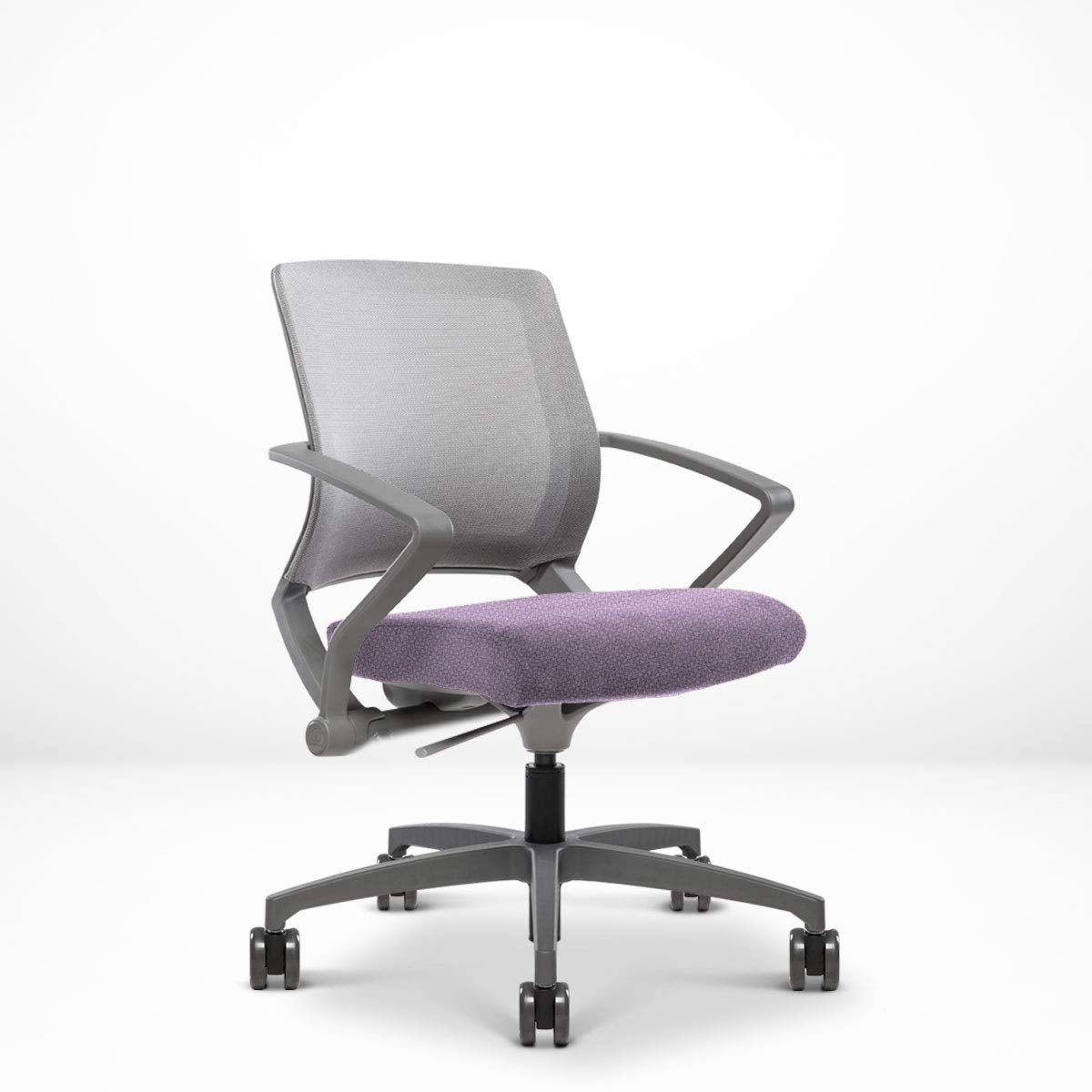 Integrated Fixed Arms and Generous Recline, Built-in Lumbar Support for Compact Home Offices, 5-Star Swivel Base and Grey Frame, Lilac