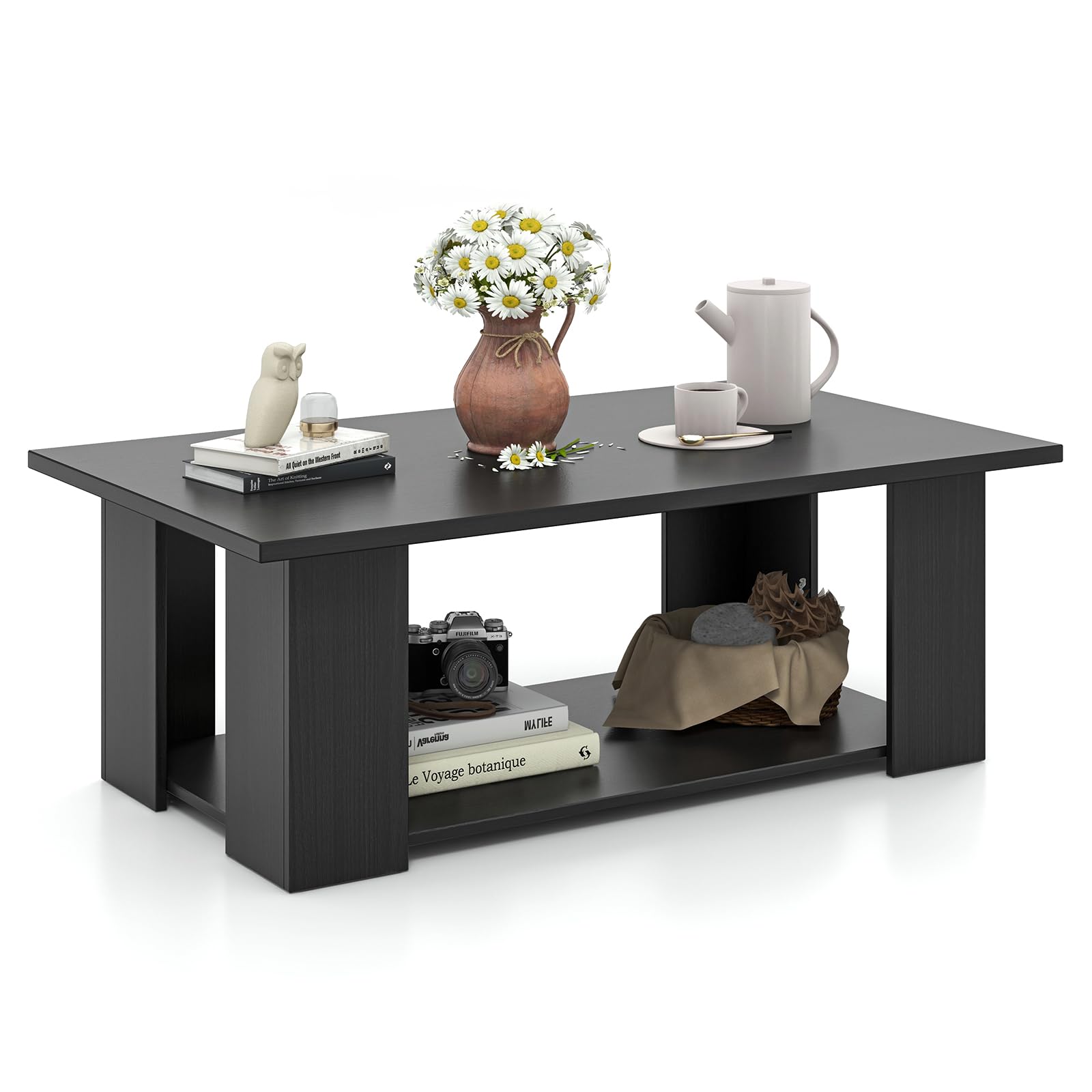 2-Tier Coffee Table, Modern Rectangular Center Cocktail Table with 5 Support Legs