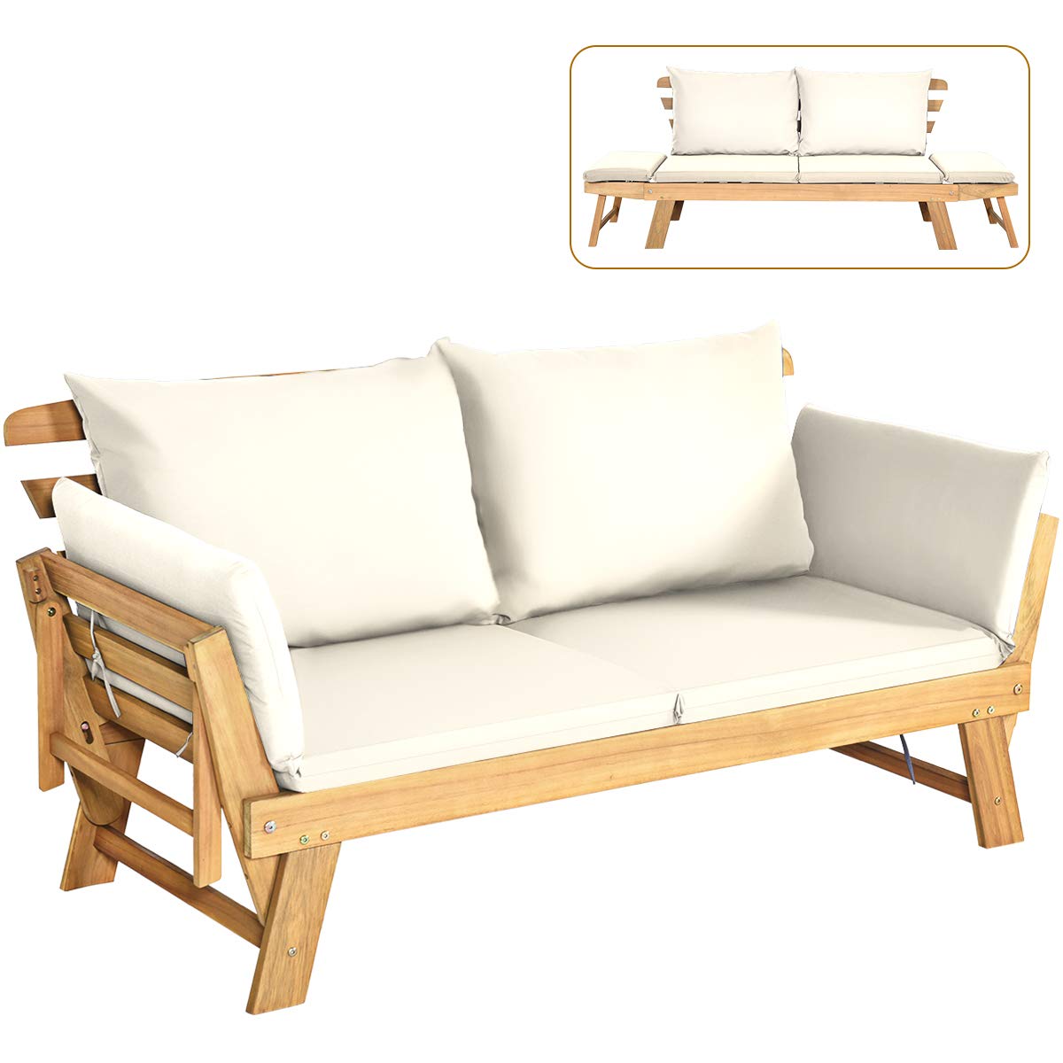 Acacia Wood Patio Convertible Couch Sofa Bed with Adjustable Armrest