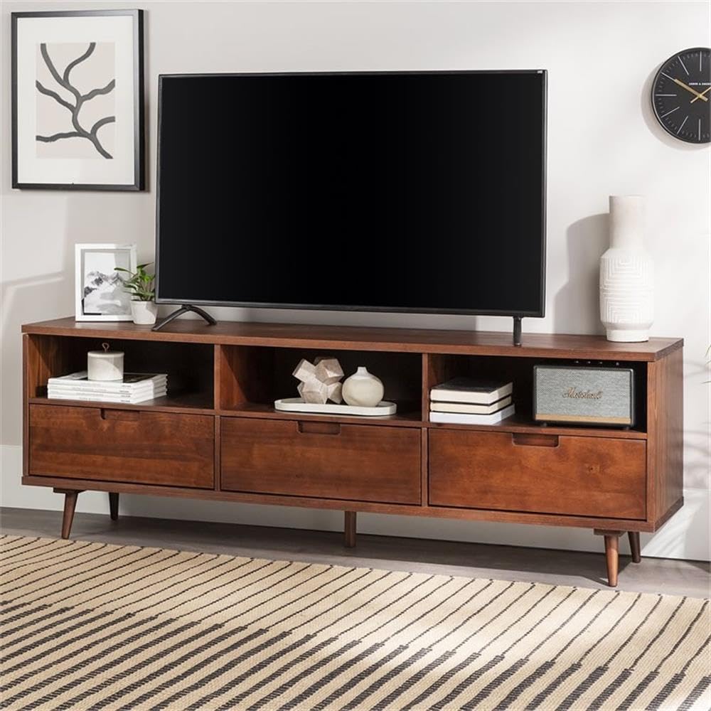 Walker Edison Millie Mid Century Modern 3 Drawer Solid Wood Low Stand for TVs up to 80 Inches, 70 Inch, Walnut