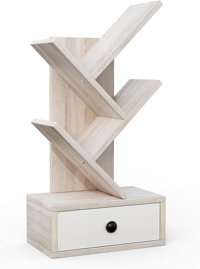10-Tier Tree Bookshelf with Drawer - 59" Freestanding Space Saving Wooden Bookcase
