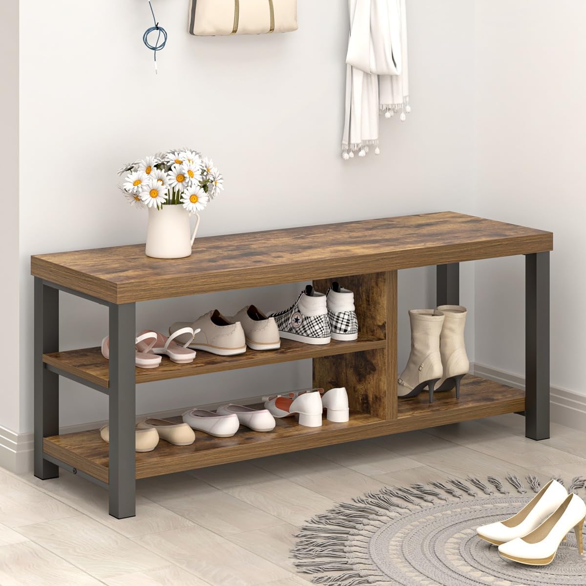 Modern Wood Storage Bench for Entryway Hallway, Industrial Indoor Shoe Rack Bench Seat for Living Room Bedroom,