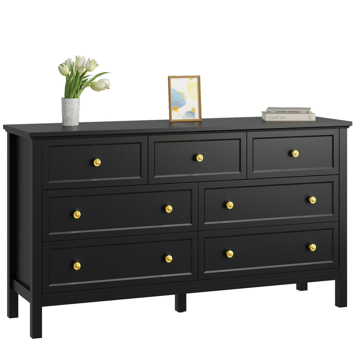 Black Dresser for Bedroom, 7 Drawer Dresser with Wide Drawers