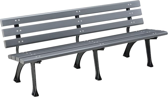 6'L Outdoor Park Bench with Backrest, Recylced Plastic Slats, Wrought Iron Frame