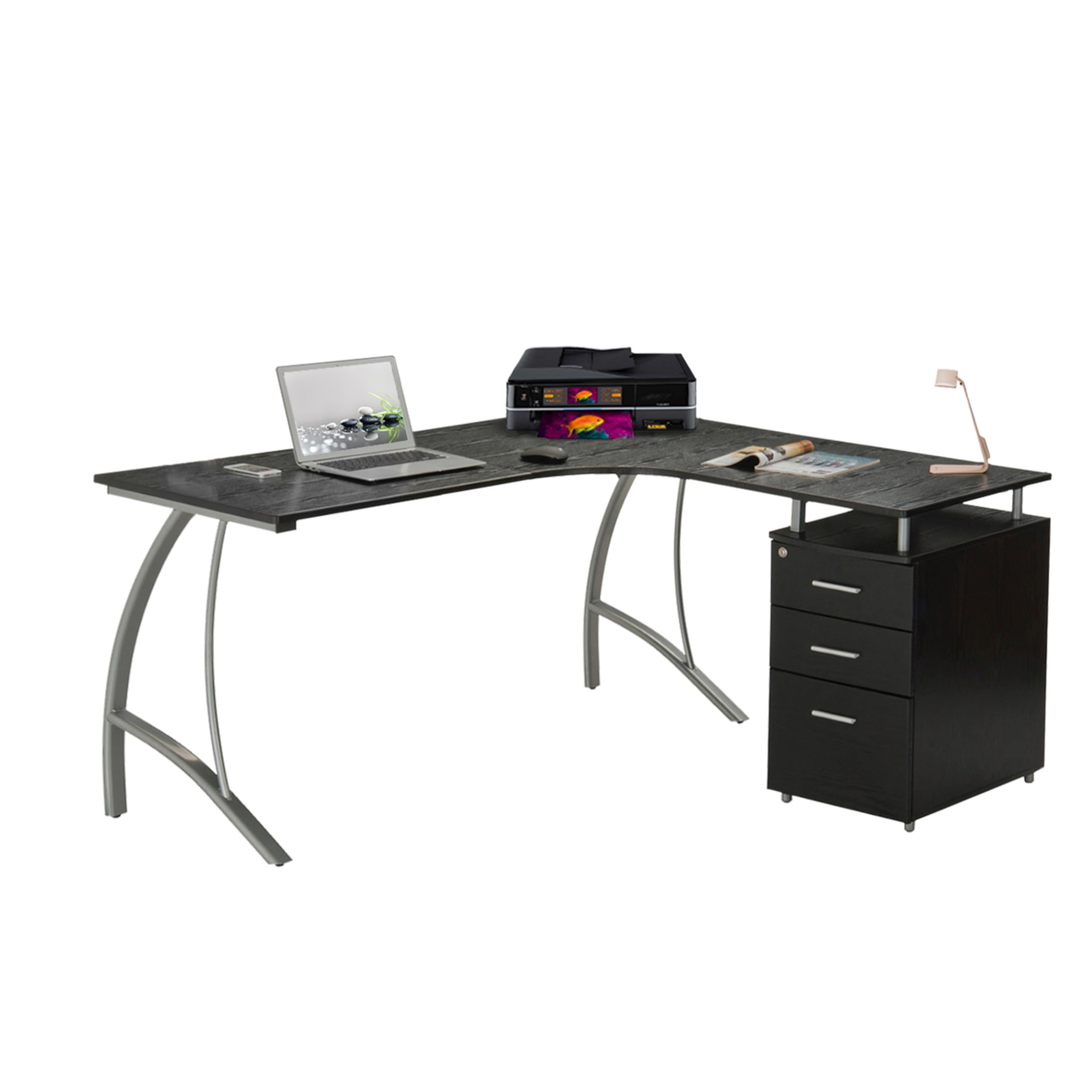 Modern Computer File Cabinet and Storage L-Shaped Desk, Espresso